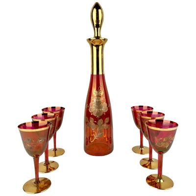 Art Nouveau Austrian Ruby & 24K Gold Etched Wine Glasses and Decanter, Set of 7