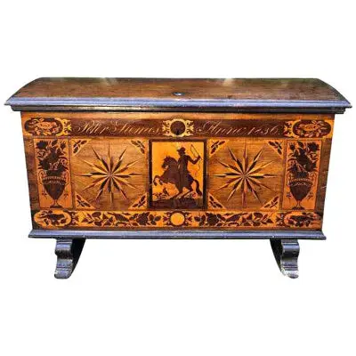 Antique Early 19th Century Italian Inlaid Hope Chest Trunk, circa 1836