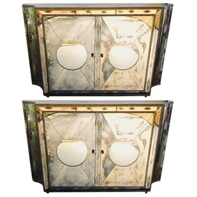 Floating Art Deco Concave Side Double Door Mirrored Cabinets / Console Table