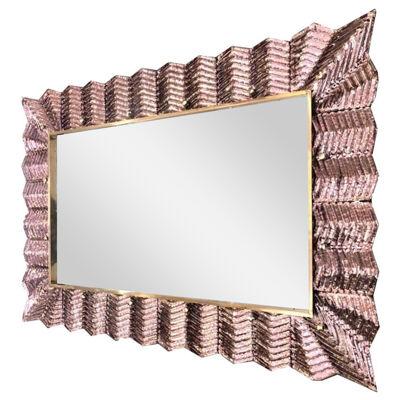 Bespoke Italian Art Deco Design Ruffled Silver Pink Murano Glass Brass Mirror	