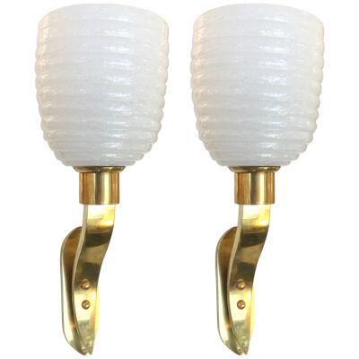 1960s Italian Pair of Art Deco Design Gold Brass and White Murano Glass Sconces	
