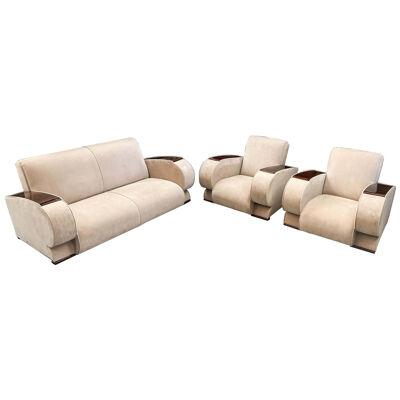 French Art Deco lounge Set in Beige Suede & Rosewood Armrests, 3 Pieces