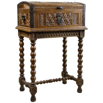 19th Century Oakwood Blanket Chest on Stand Hand Carved, Austria, circa 1880