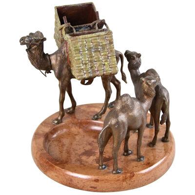 Vienna Bronze Camel Sculptures on Red Marble Bowl, France, circa 1920