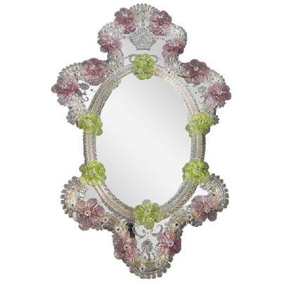Venetian Oval Green and Pink Floreal Hand-Carving Mirror in Murano Glass Style