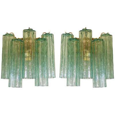 Contemporary Green “Tronchi” Murano Glass Wall Sconce in Venini Style - a Pair