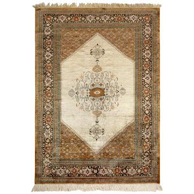 Hand-Knotted Vintage Persian Qum Rug in Beige-Brown Medallion Patternc