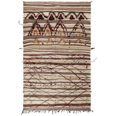 Vintage Berber Moroccan Kilim Rug in Beige-Brown, High-Low Geometric Pattern