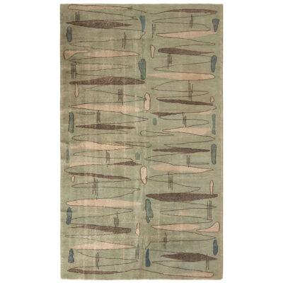 Hand-knotted Vintage Deco Rug in Green, Beige-brown Geometric Pattern