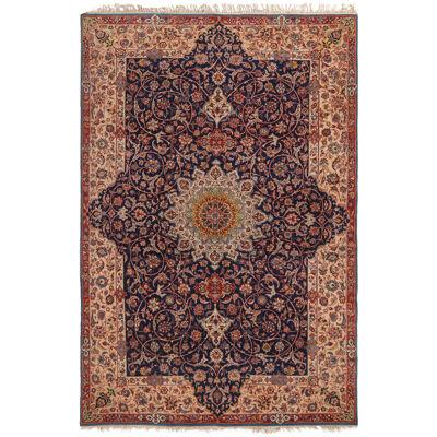 Vintage Isfahan Traditional Blue and Red Wool Persian Rug