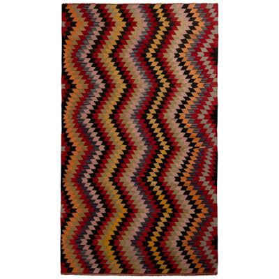 Handwoven Vintage Afyon Kilim Rug in Red Multicolor Chevron Pattern