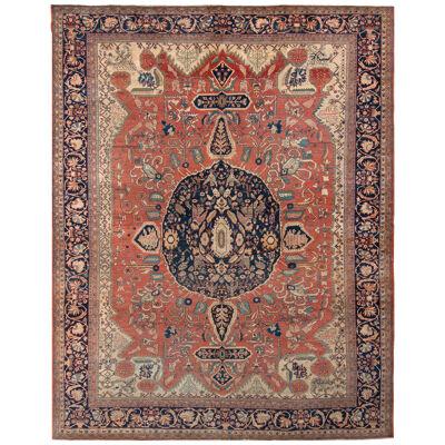 Hand-Knotted Antique Farahan Rug in Red and Blue Medallion Pattern