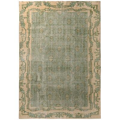 1960S Mid-Century Vintage Distressed Rug Green and Beige French Country Inspired