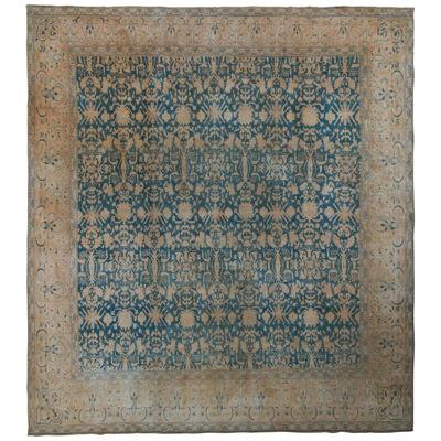 Hand-knotted Antique Agra Rug in Blue and Beige Floral Pattern
