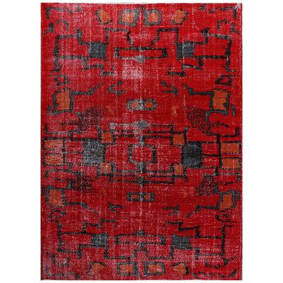 1960s Vintage Mid-century Modern Rug in Red and Black, Distressed Deco Pattern
