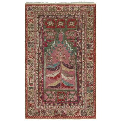 Antique Anatolian Rug in Pink and Green All Over Geometric Pattern
