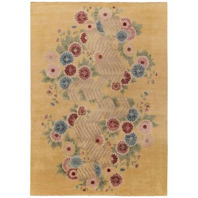 Rug&Kilim’s Chinese Style Art Deco Rug In Gold With Red And Blue Floral Patterns