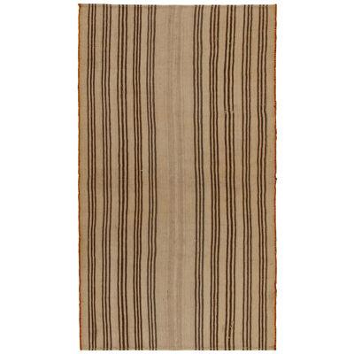 Vintage Kilim Rug With Beige-brown Stripe Patterns, Panel-woven Style