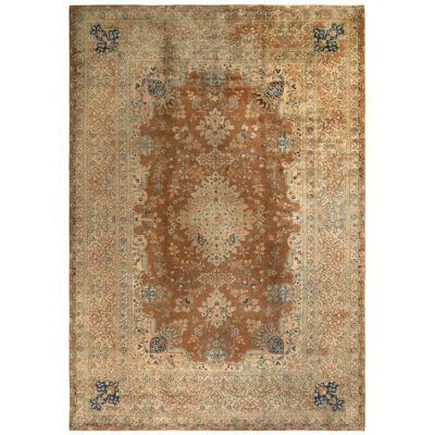 Hand-knotted Antique Yazd Persian Rug in Beige-brown and Blue Medallion Style