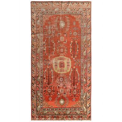 Mid-Century Vintage Khotan Rug Red And Beige-Brown Medallion All Over Pattern 