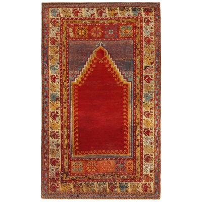 Antique Kirsehir Geometric Red and Gold Wool Rug With Open Field Design