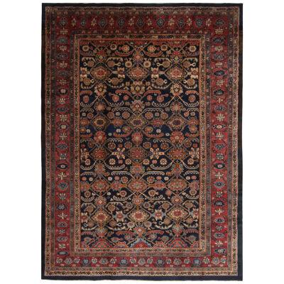 Antique Hamadan Geometric-floral Red and Navy Blue Wool Persian Rug