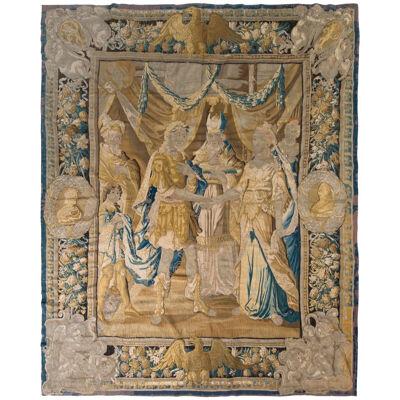 Handmade Antique Pictorial Tapestry in Beige-brown and Blue Heraldic Design