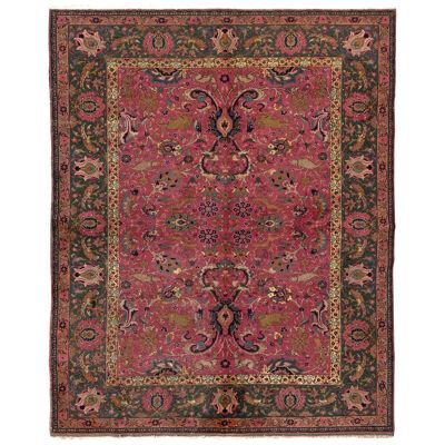Hand-Knotted Antique Indian Agra Rug in All Over Pink, Green Hunting Pictorial