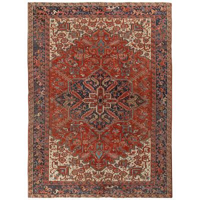 Hand-Knotted Antique Persian Heriz Rug, Rust-Red, White, Blue Medallion Pattern