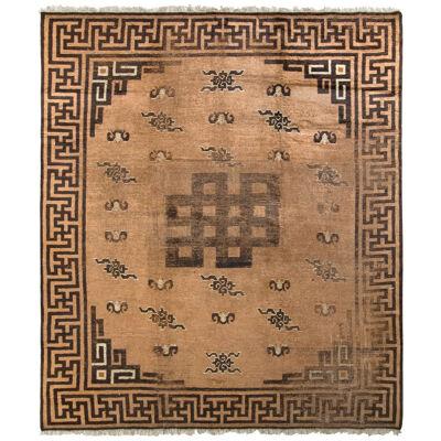 Hand-Knotted Antique Mongolian Rug in Beige-Brown Geometric Medallion Pattern