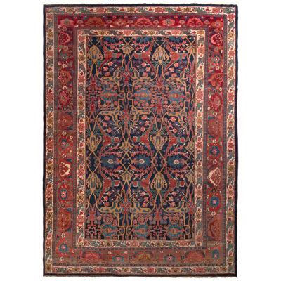 Hand-Knotted Antique Bidjar Rug in Red and Blue Floral Pattern