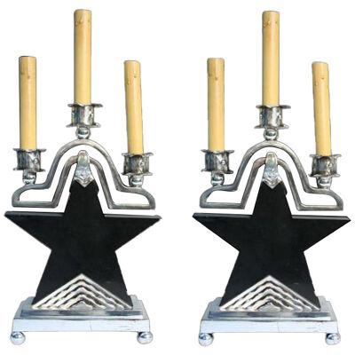 Nickeled Bronze Art Deco Star Lamps - a Pair