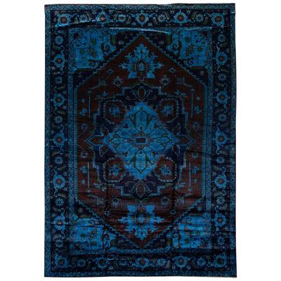 Modern Overdyed Handmade Oversize Wool Rug with Medallion Motif in Blue