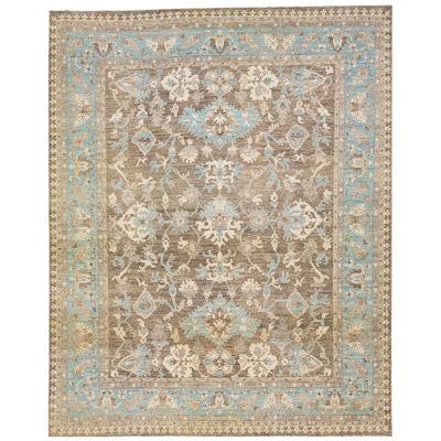 Contemporary Oushak Wool Rug with Brown Floral Field