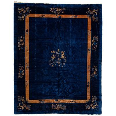 Room size Antique Peking Chinese Wool Rug with Classic Floral Design In Blue