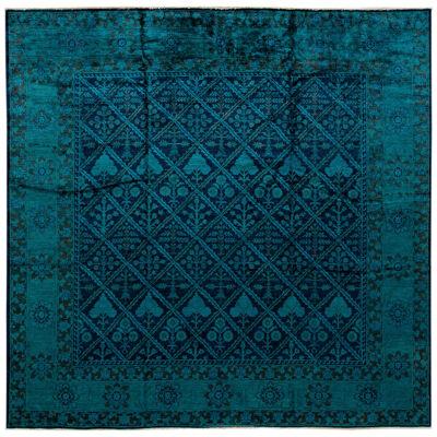 Modern Overdyed Blue Handmade Geometric Floral Pattern Square Wool Rug