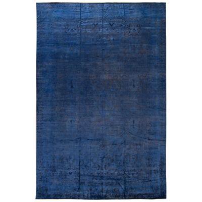 Oversize Modern Blue Overdyed Wool Rug Handmade with Floral Motif
