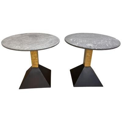 Pair of Gray Granite and Brass Side Tables. Italy, 1980s