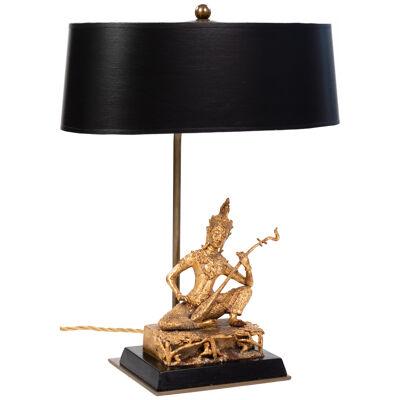 Asian Table Lamp of a Sitting Temple Musicien Gilded Bronze Thailand 1920s