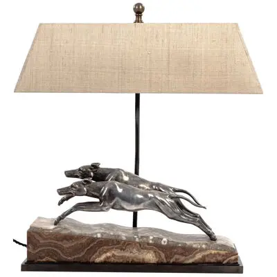 French Art Déco Greyhound Table Lamp Bronze Silvered on Marble Base 1930s