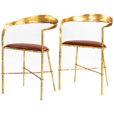 Pair of Hand Forged Gold Plated Mid-Century Armchairs by Banci Florence 1970s