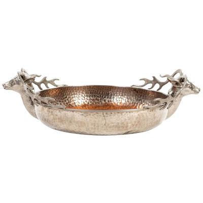 Italian Silver-Plated Vintage Bowl with Stag Handles in the Style of Gucci 1970s