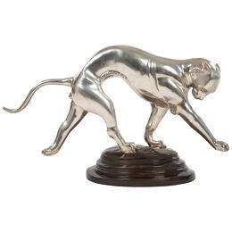 French Art Déco Panther Sculpture in Dynamic Movement Cast Bronze Silvered 1920s