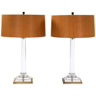 Pair of Italian Mid-Century Acrlyic Table Lamps Gilded Base by F. Loffredo 1970s