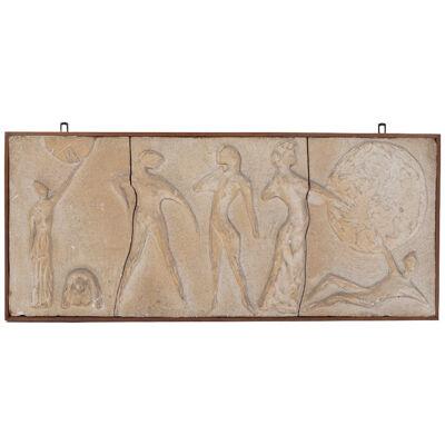 Italian Mid-Century Sculptural-Figurative Sandstone Wall Pannel signed 1950s 