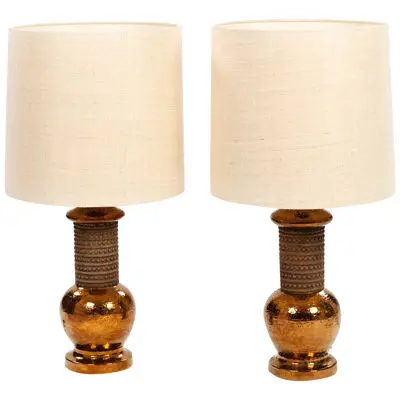 Pair of Mid-Century Copper Colored Ceramik Table Lamps signed Bergboms Sweden 