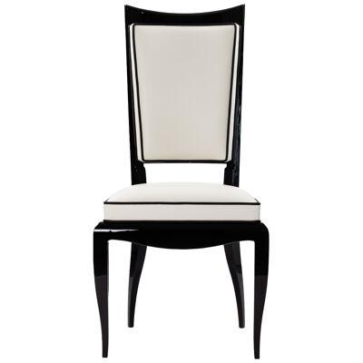 Elegant High Back Art Déco Dining Room Chair Black Lacquer White Nappa Leather