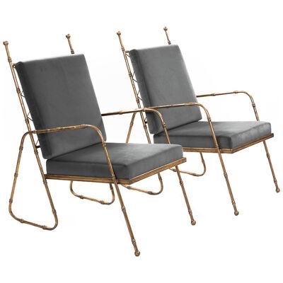 Pair of French Mid-Centruy Gilt Iron Faux Bamboo Armchairs Grey Velvet 1980s