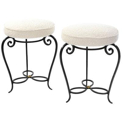 Pair of French Art Déco Forged Iron Stools Offwhite-Colored Bouclé France 1930s