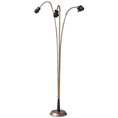 Adjustable Swedish Mid-Century Brass Three Way Floor Lamp